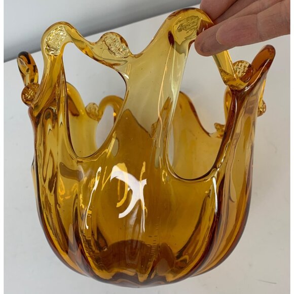 Handcrafted Murano Art Glass Amber Decorative Bowl 9" X 7"  Italy O10112 - Picture 4 of 7